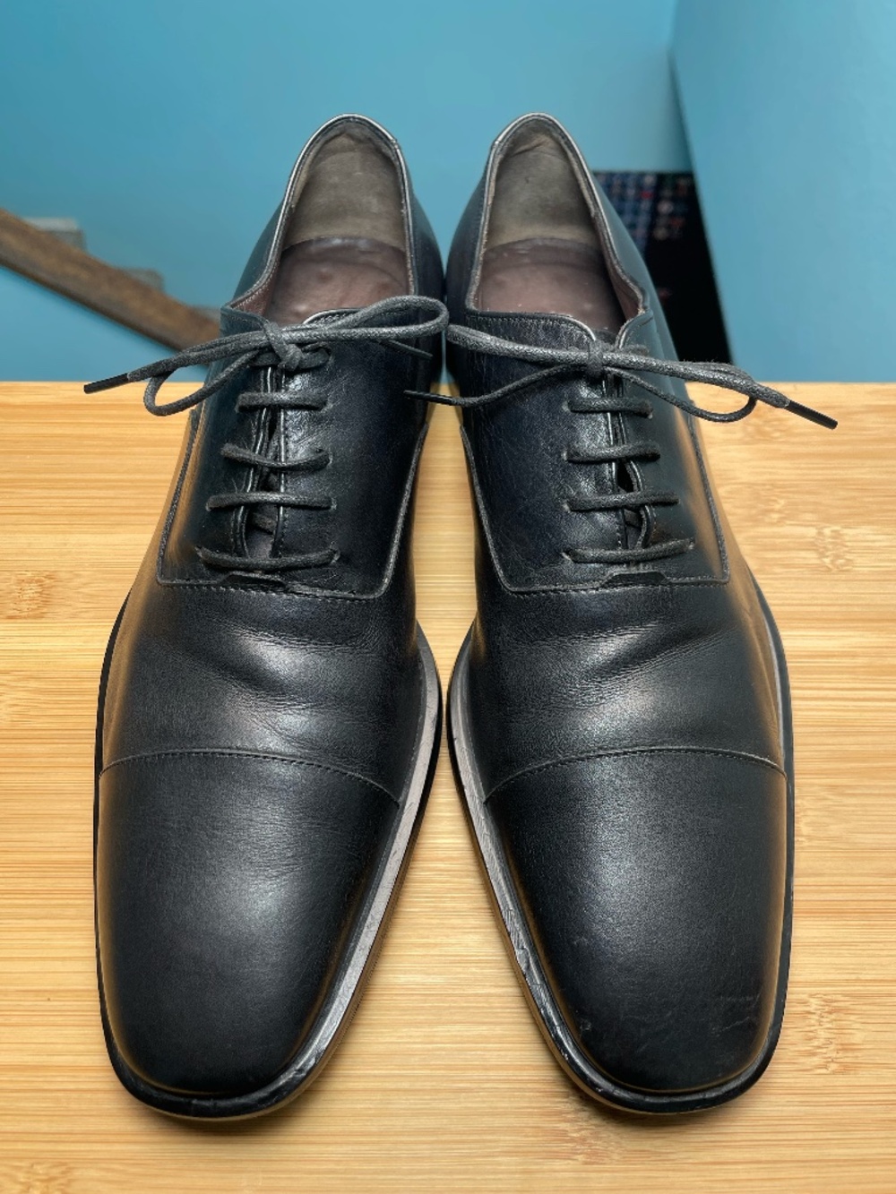 Salvatore Ferragamo Studio Cap Toe Oxfords Mens Sz 8.5D Black Leather Shoes EUC!